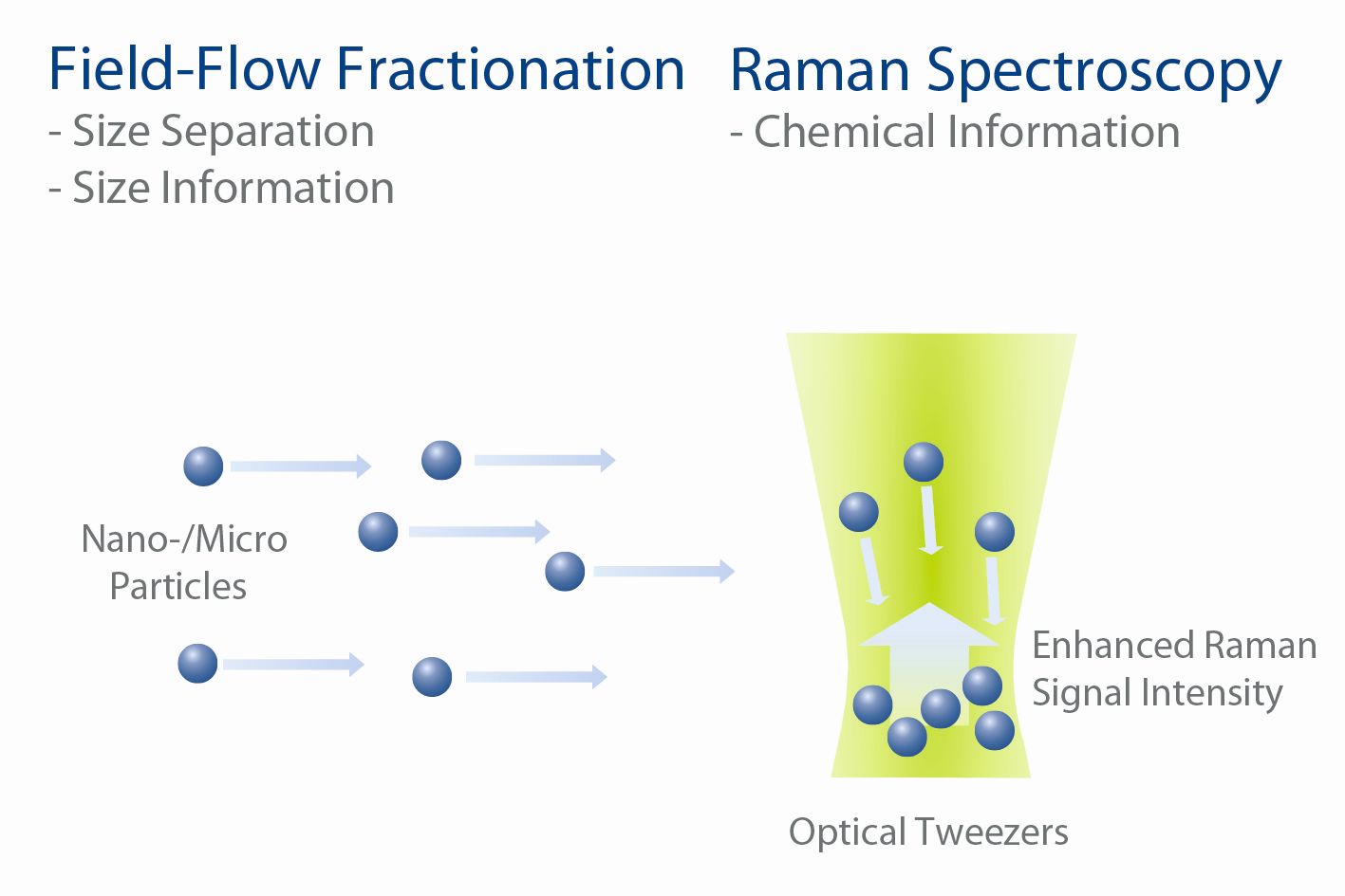 Prinzip der Optischen Pinzette die Mikro- and Nanoplastik-Partikel in der eigens dafür entwickelten PN3460 Raman Fluss Zelle einfängt