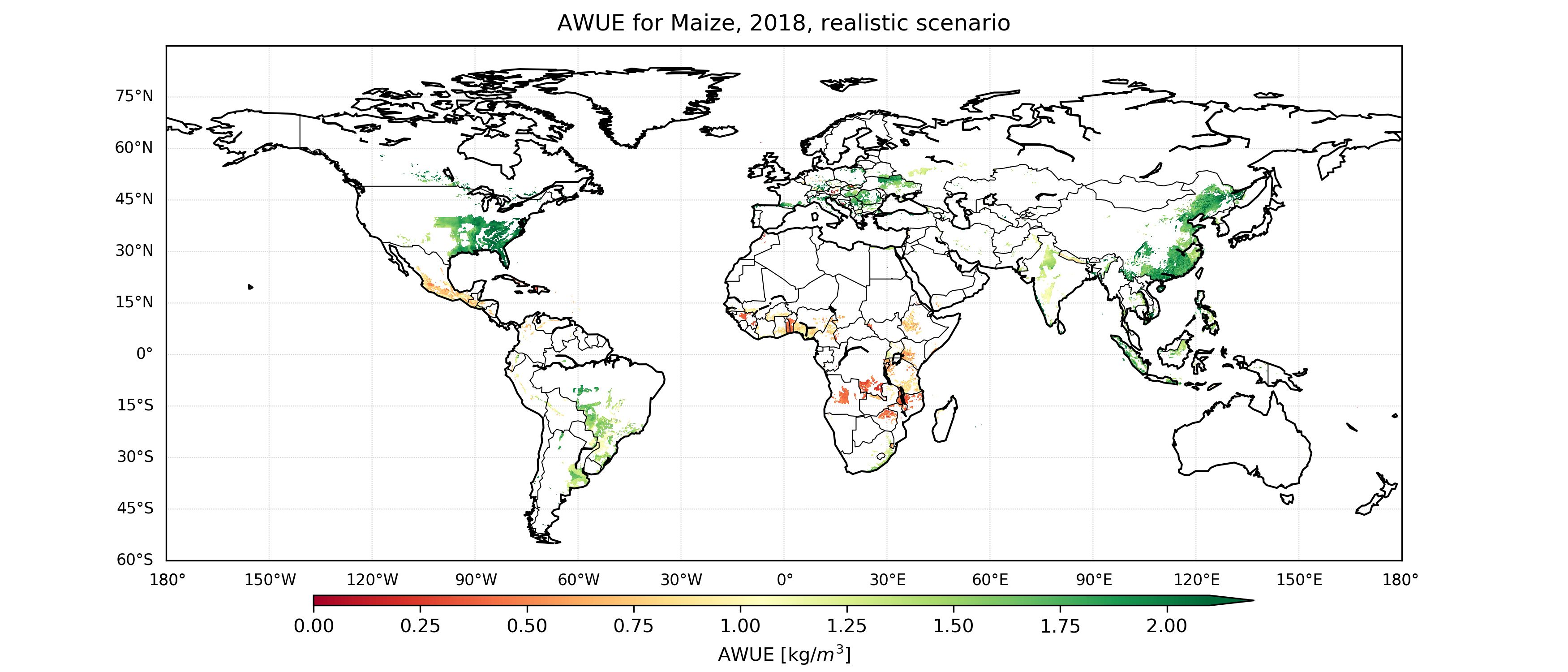 Globale Karte der landwirtschaftlichen Wassernutzungseffizienz (AWUE) für Mais im Jahr 2018, ermittelt mit ViWAs globalen Monitoringansatz für landwirtschaftliches Management. Während die AWUE in den meisten Teilen Nordamerikas, Europas und Westasiens hoch ist (d. h. bis zu 2 kg/m3), ist die Wassernutzungseffizienz in Afrika und Mittelamerika niedrig.
