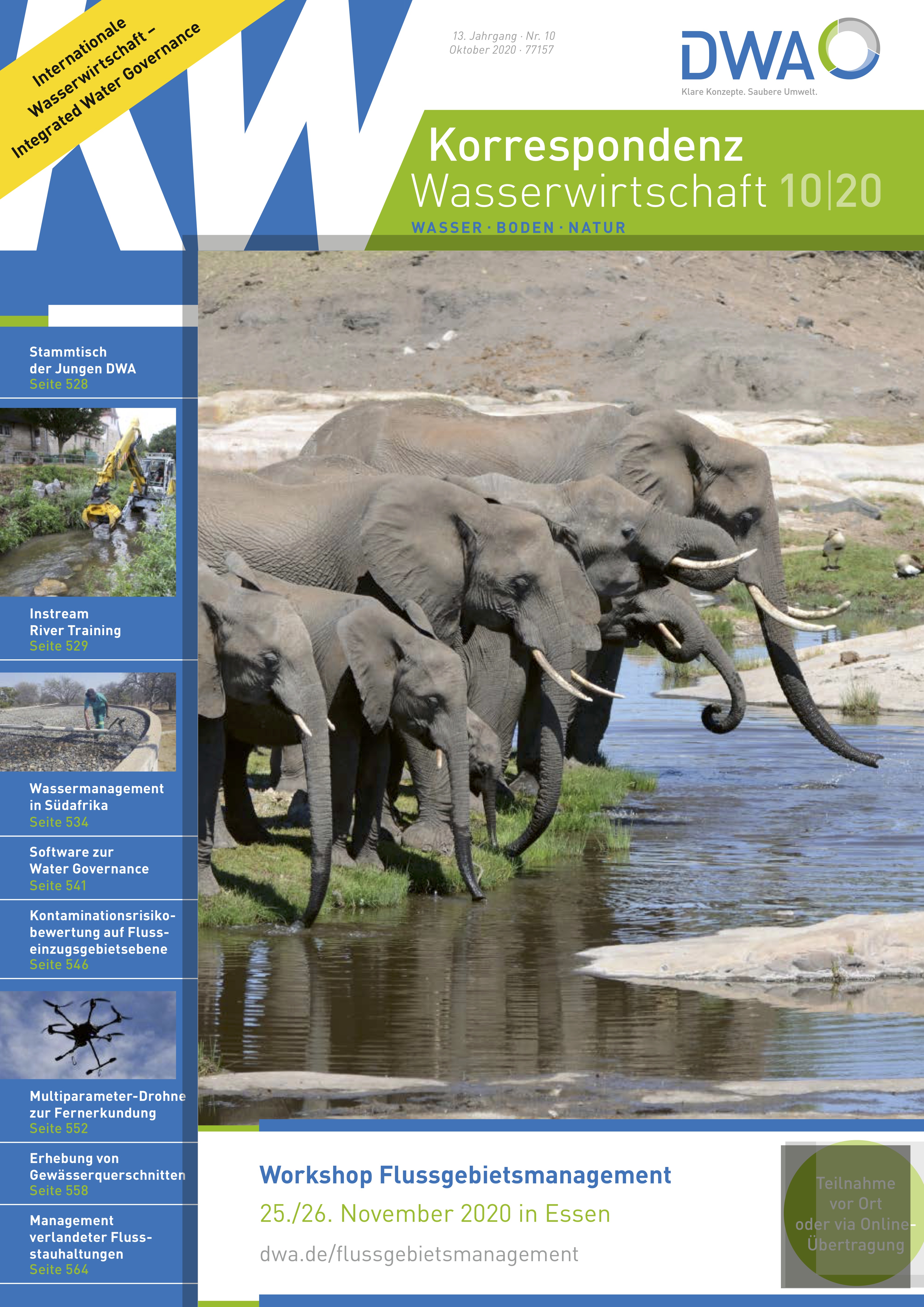 Deckblatt der Ausgabe 10-2020 der Zeitschrift Korrespondenz Wasserwirtschaft. Zu sehen sind drei Elefanten an einer Wasserstelle.