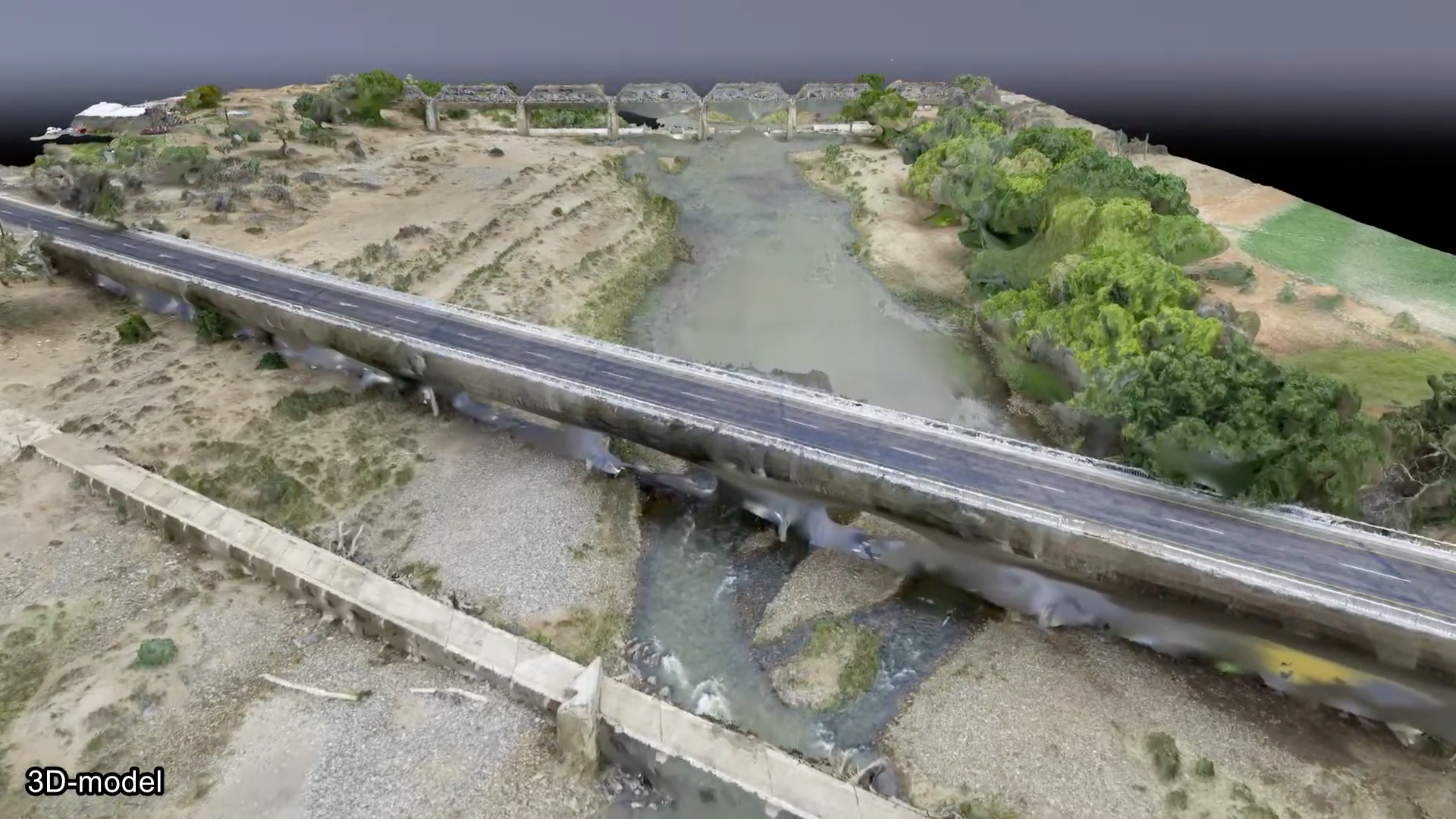 Es ist ein 3D-Modell eines Flusses und seiner angrenzenden Gebiete zu sehen. Über den Fluss führt eine Straße.