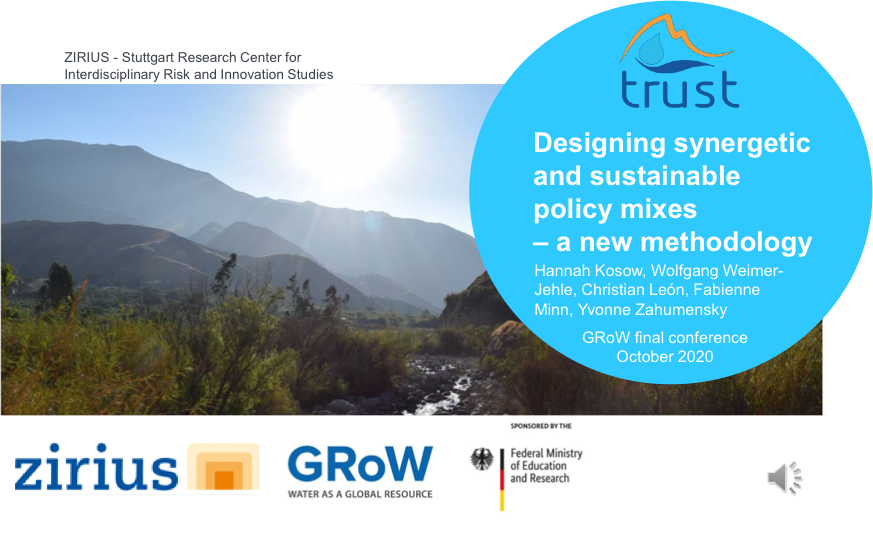 Titelfolie der Präsentation „Designing synergetic and sustainable policy mixes – a new methodology”, im Hintergrund ist eine Landschaftsaufnahme aus dem oberen Einzugsgebiet des Flusses Lurín zu sehen.
