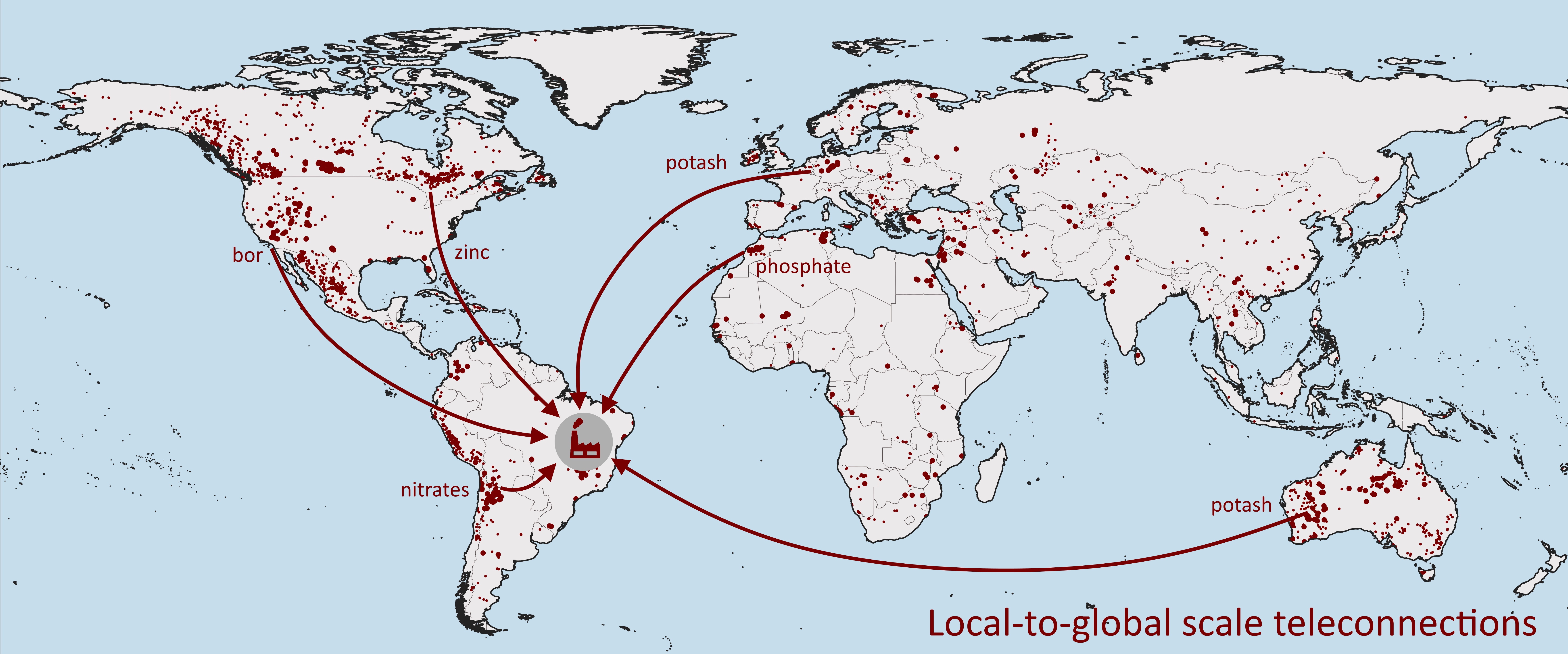 A global map describes the phenomenon of the possible displacement of problems due to the use of resources from all over the world that require water for their extraction and processing. The map shows a sugar mill in Brazil that needs fertilizer to grow sugar cane, the remains of which are also used to generate electricity. The components for this (boron, nitrates, phosphate, potash and zinc) come from various mines worldwide (marked as red dots on the map), some of which have been selected here as delivery regions and linked to the sugar mill with arrows. The extraction of the respective resource has the potential to contribute to regional water scarcity on site. 