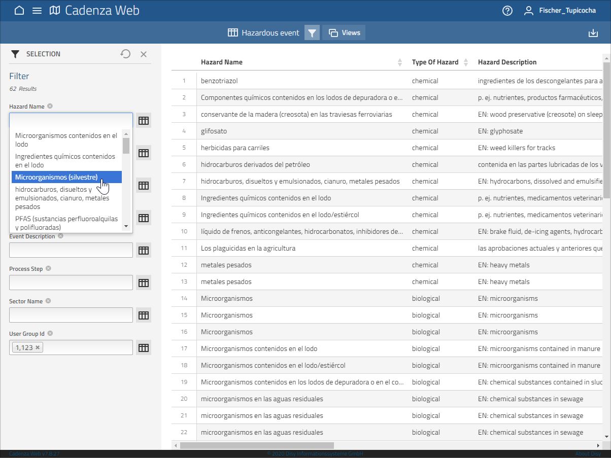 Screenshot of the WSP-Tool: filterable table of hazardous events