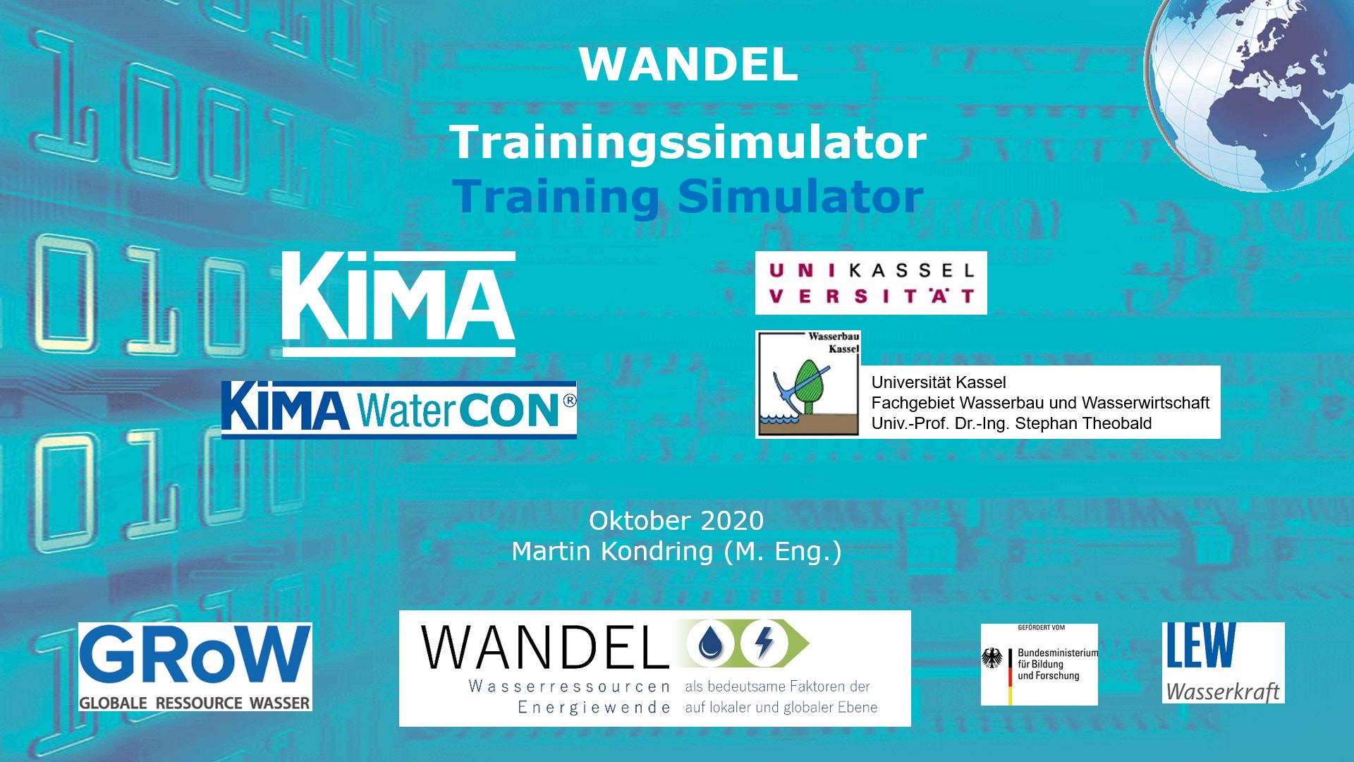 Zu sehen ist ein Schaubild mit dem Titel „WANDEL Trainingssimulator“. Das Schaubild zeigt vor einem blauen Hintergrund die Logos aller beteiligten Projektpartner: KIMA, Universität Kassel, LEW Wasserkraft, GRoW, WANDEL und BMBF.