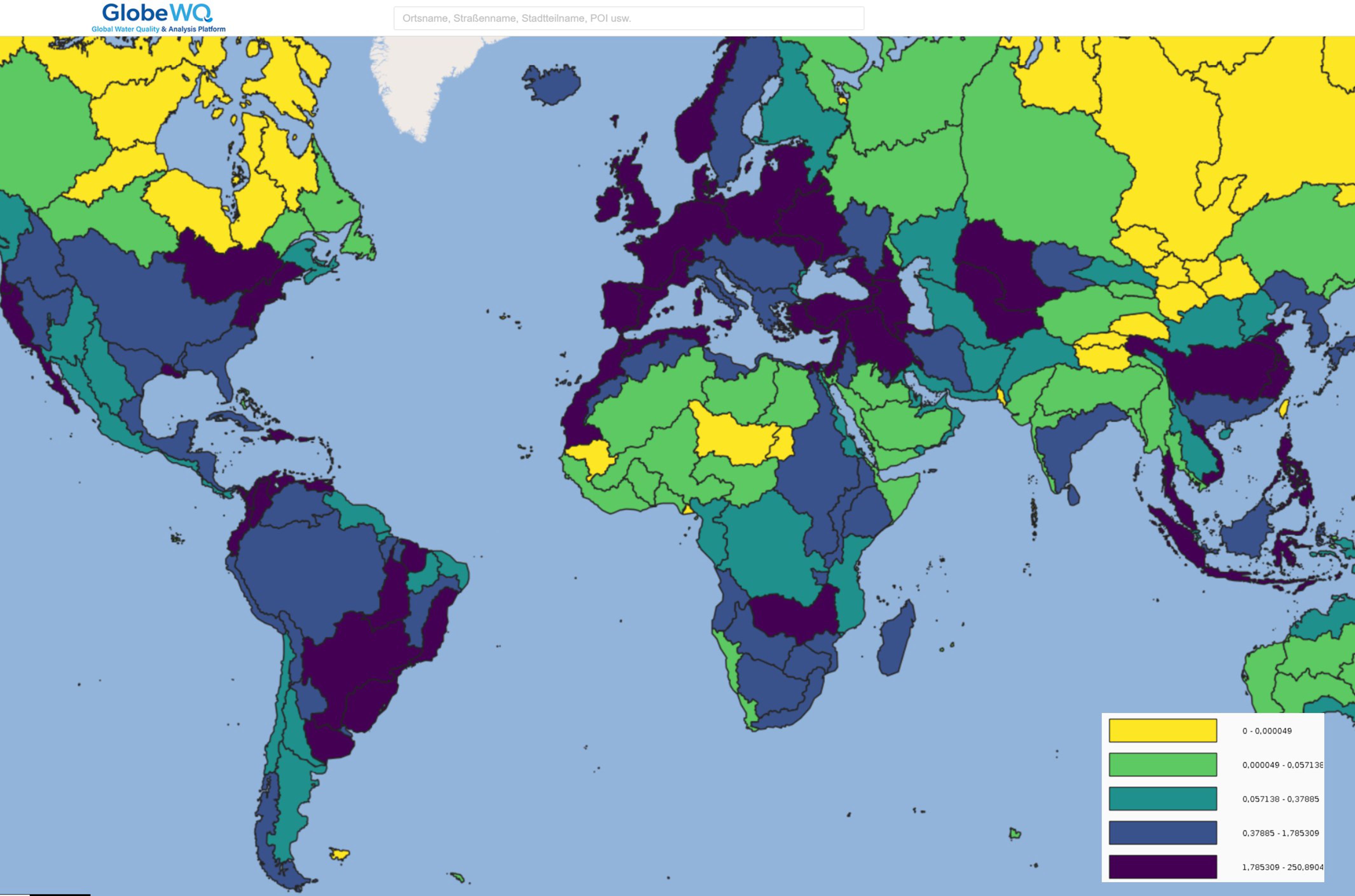 Section of a world map with catchment-related results of the WorldQual model (load of fecal coliform bacteria due to manure application). Based on the color scale, catchments with high and low loads can be distinguished