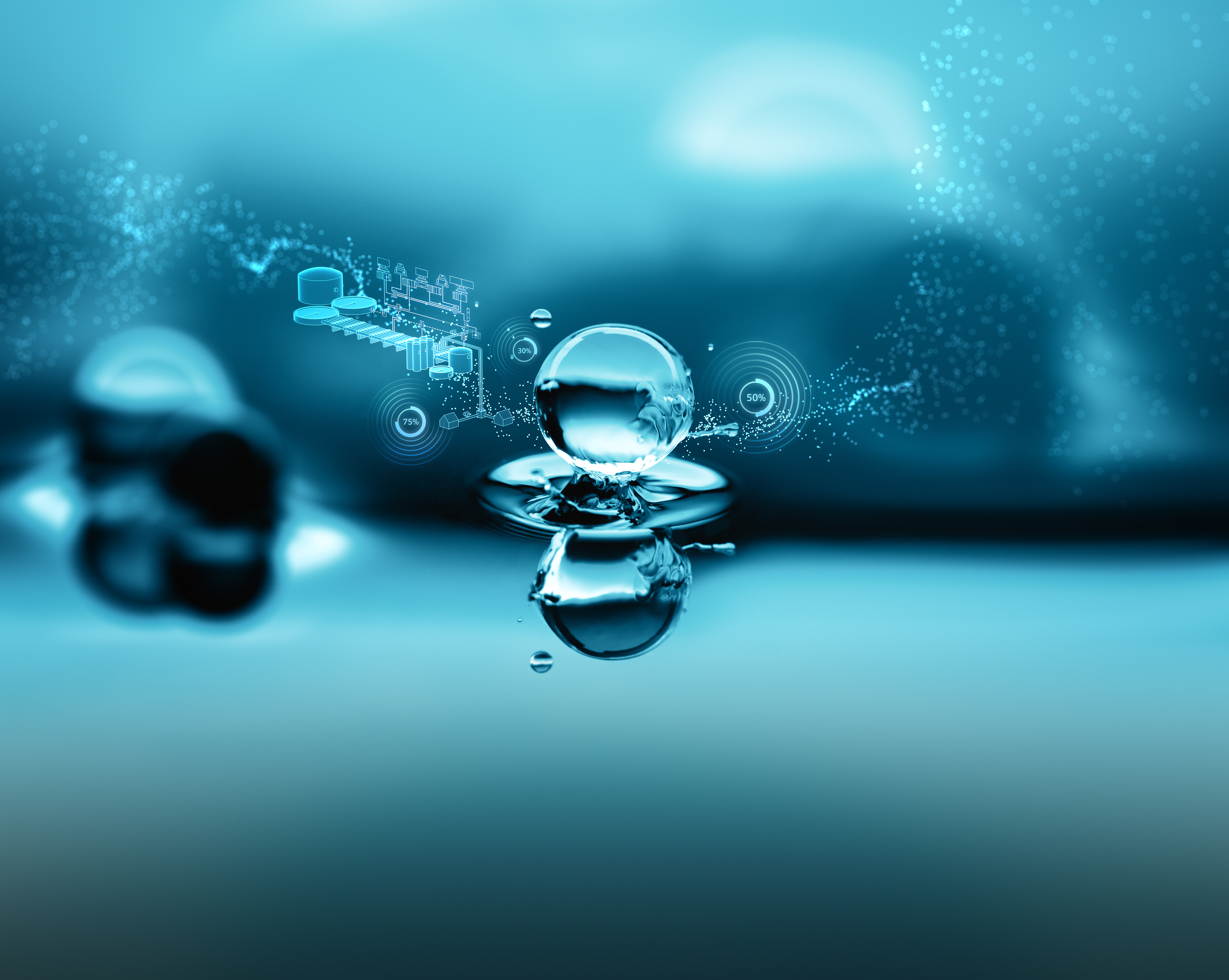 Animated picture of water bubbles and technical installations building a supply chain