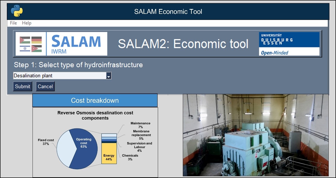 Das SALAM Economic Tool bietet Module zur Investitions- und Kostenschätzung von Entsalzungsanlagen, Wassertransferinfrastruktur sowie Wasserkraftanlagen. Ferner stehen Funktionalitäten zur Analyse wesentlicher Kostenbestandteile sowie Sensitivitätsanalysemöglichkeiten zur Ermittlung des Einflusses von Veränderungen in den Eingangsparametern bereit.