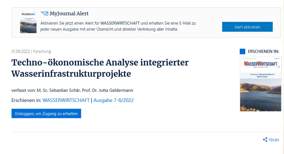 Wiss. Artikel: Technisch-ökonomische Bewertung zur Erstellung von Kostenschätzungen für Wasserinfrastrukturprojekte im Nahen Osten in einem frühen Planungsstadium.