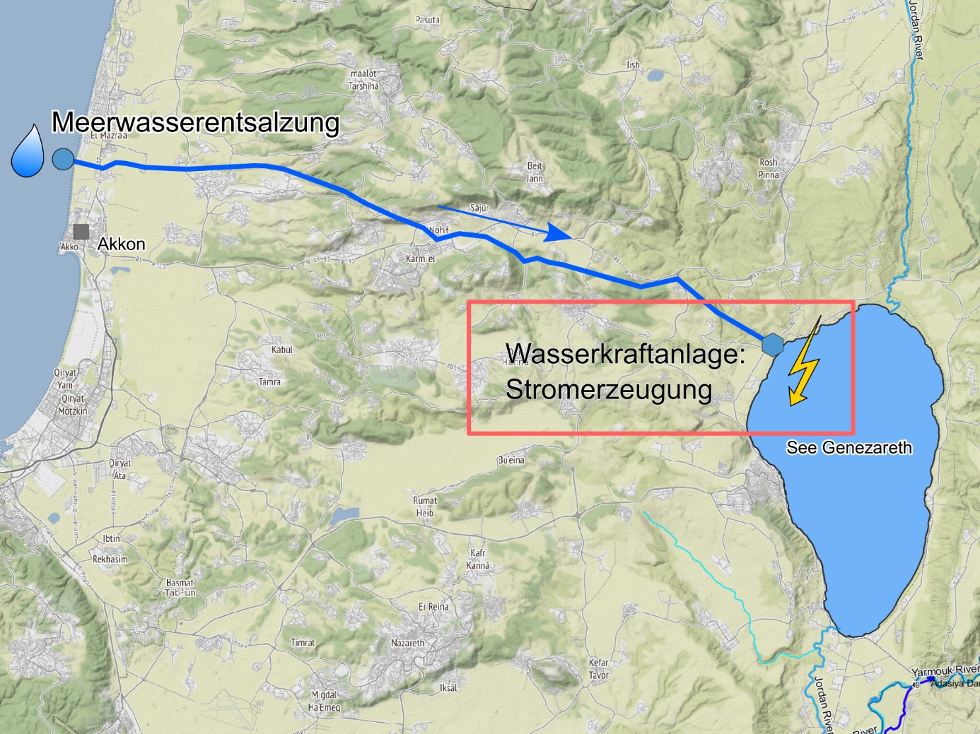Landkarte mit Einzeichnung der Verbindungsleitung von der Meerwasserentsalzungsanlage an der Mittelmeerküste zur Wasserkraftanlage am See Genezareth
