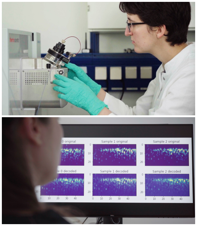 Auf dem oberen Bildteil ist ein LC-HRMS Analysengerät in einem Trinkwasserlabor und im unteren Bildteil ein Bildschirmausschnitt bei der Auswertung von Analysenergebnissen durch Mustererkennung mit neuronalen Netzen zu sehen.