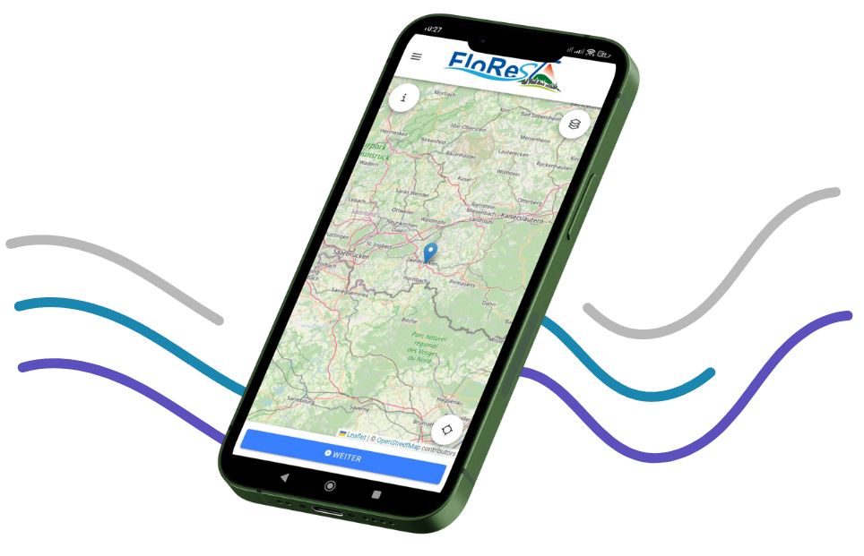 In the center of the image, a smartphone is shown with a topographic map and the FloReST logo on the screen. On both the left and right sides, there are three wavy lines in blue, turquoise, and gray, resembling waves.