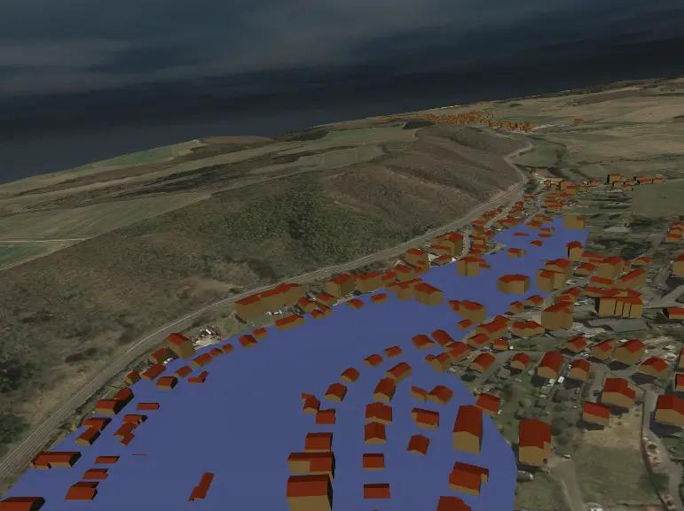 Auf dem Bild ist ein 3D-Modell einer Landschaft mit einem Satellitenbild als Textur abgebildet, die von digitalem Wasser überflutet ist.