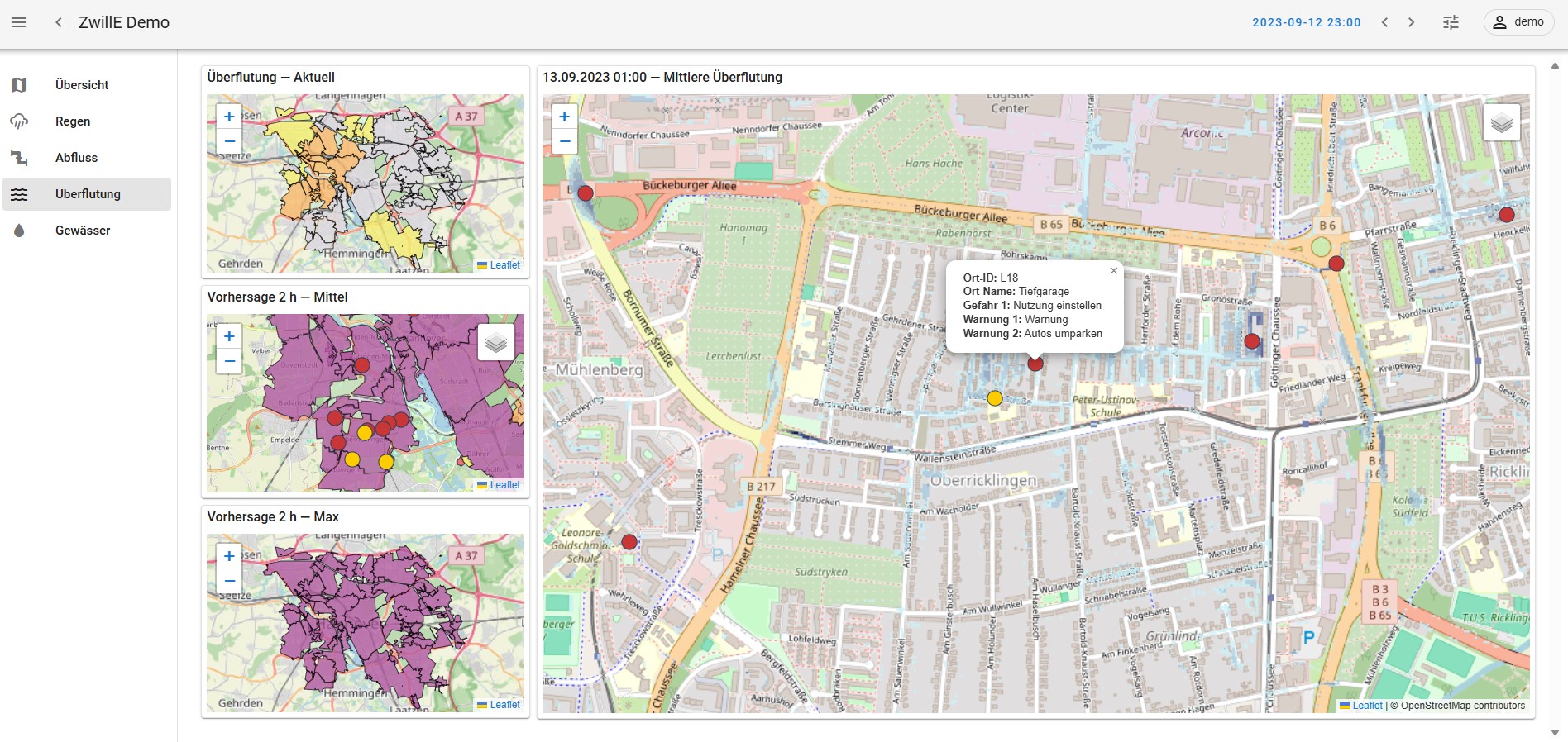 The image shows a visualization of the flood risk in the urban area of Hanover based on precipitation measurements (small map, top left corner), average forecast (small map in the middle) and maximum forecast based on 10 ensemble forecasts (small map, bottom left corner) using the example of a precipitation event on 12. and 13.09.2023. The zoomable water level map on the right side graphically displays the expected maximum water levels on the urban surfaces after clicking on a specific sub-catchment area. Yellow and red markers at certain locations (e.g. hospitals, day-care centers, retirement homes, railroad underpasses, traffic junctions, etc.) in the selected sub-catchment area indicate that for these relevant locations, based on the comprehensible decision support component developed in the project, warning-level-specific proposals for measures to reduce damages resulting from flooding have been derived and are available.
