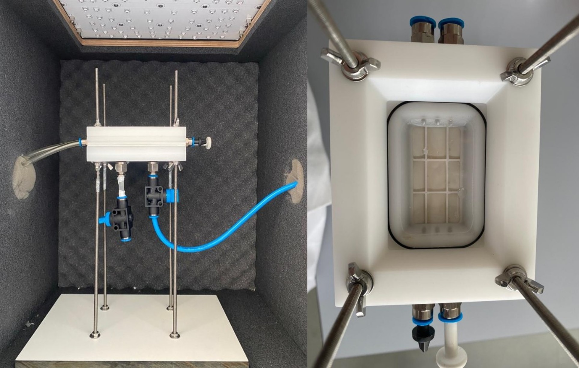 Reaktor im Labormaßstab in einer abgeschlossenen Bestrahlkammer, welche mit Schaumstoff verkleidet ist. An der Decke der Bestrahlkammer sind die LEDs angeordnet. Der Reaktor ist an vier Gewindestangen befestigt um den optimalen Abstand zu den LEDs gewährleisten zu können.