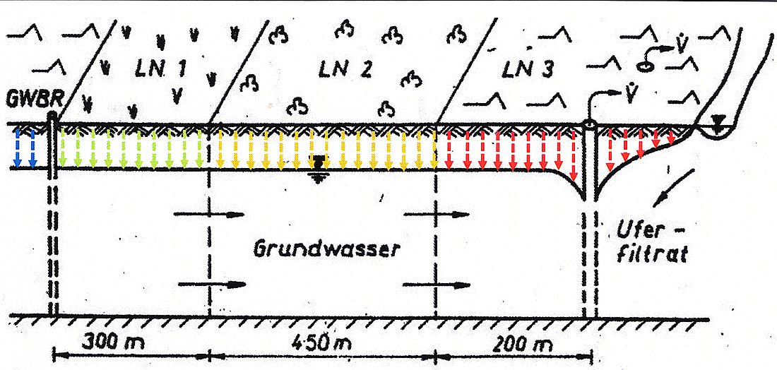 Longitudinal section showing various types of agricultural land (LN) and the resulting nutrient inputs into the groundwater (colored arrows), groundwater monitoring well (GWBR, left), abstraction well (right), surface water (top right), groundwater flow (groundwater with arrows), and bank filtrate inflow (bank filtrate with arrow, right) 