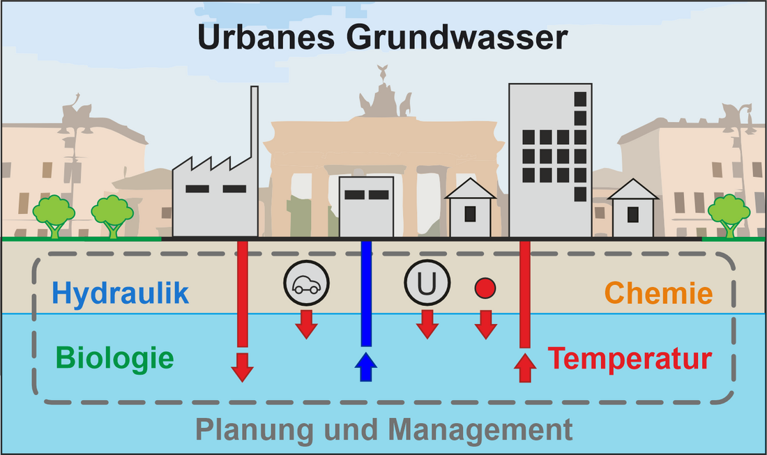 Das Bild zeigt schematisch den Untergrund in einem städtischen Gebiet mit anthropogener Infrastruktur, wie z.B. U-Bahn- und Straßentunnel, sowie hydraulische Grundwassernutzungen zur Trinkwassergewinnung und thermische Nutzungen des Untergrunds auf engem Raum. 
