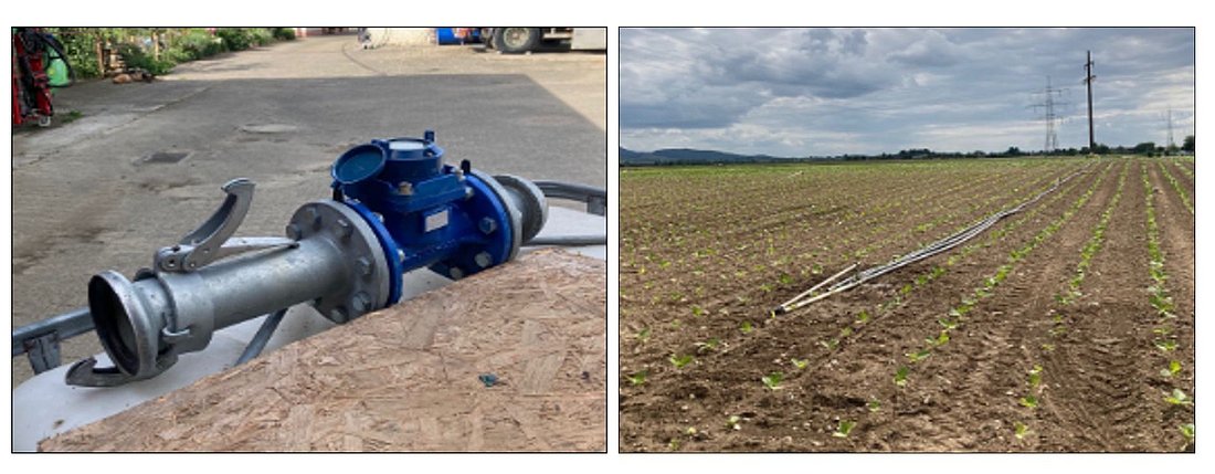 Grundwasser unter Druck: Technische Steuerung und Monitoring von Entnahmen (links) treffen auf steigenden Bewässerungsbedarf in der Landwirtschaft (rechts) – ein Kernfeld von Nutzungskonkurrenzen im Klimawandel.