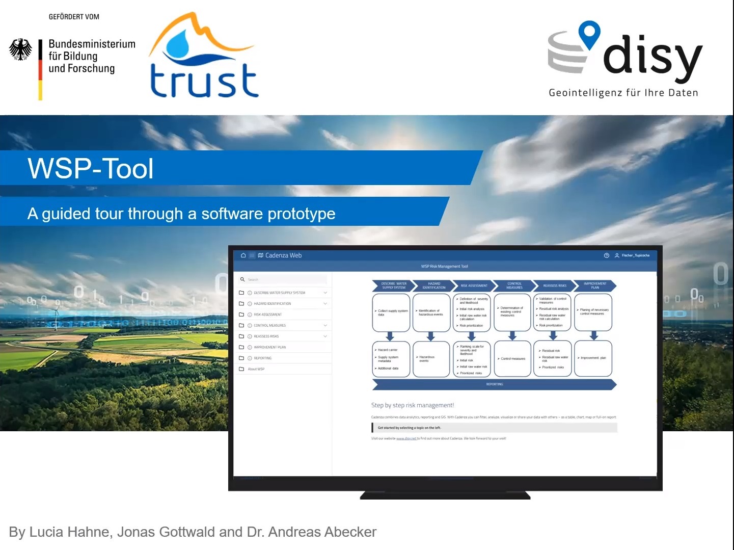 Darstellung des Startbildschirms des Tools vor einer Landschaftsaufnahme mit dem Schriftzug WSP-Tool: A guided tour through a software prototype.